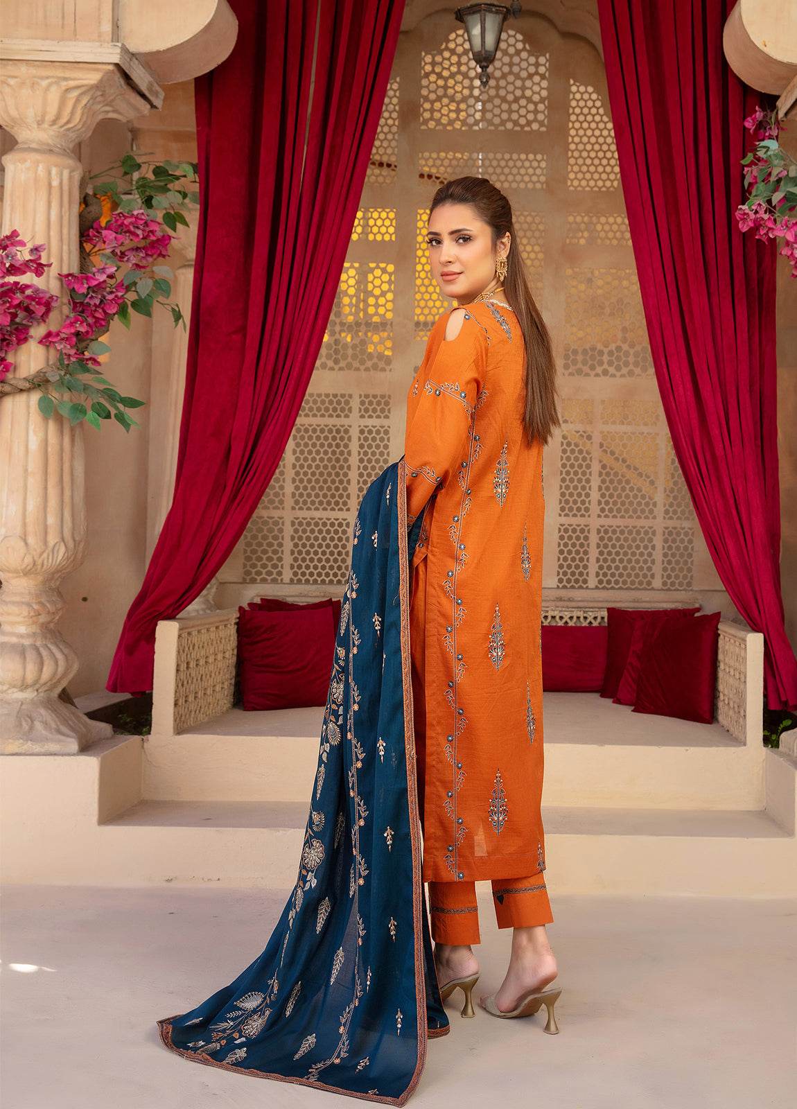 Anaya Hoor Saffron Embroidered Lawn Unstitched 3pcs - Jotey