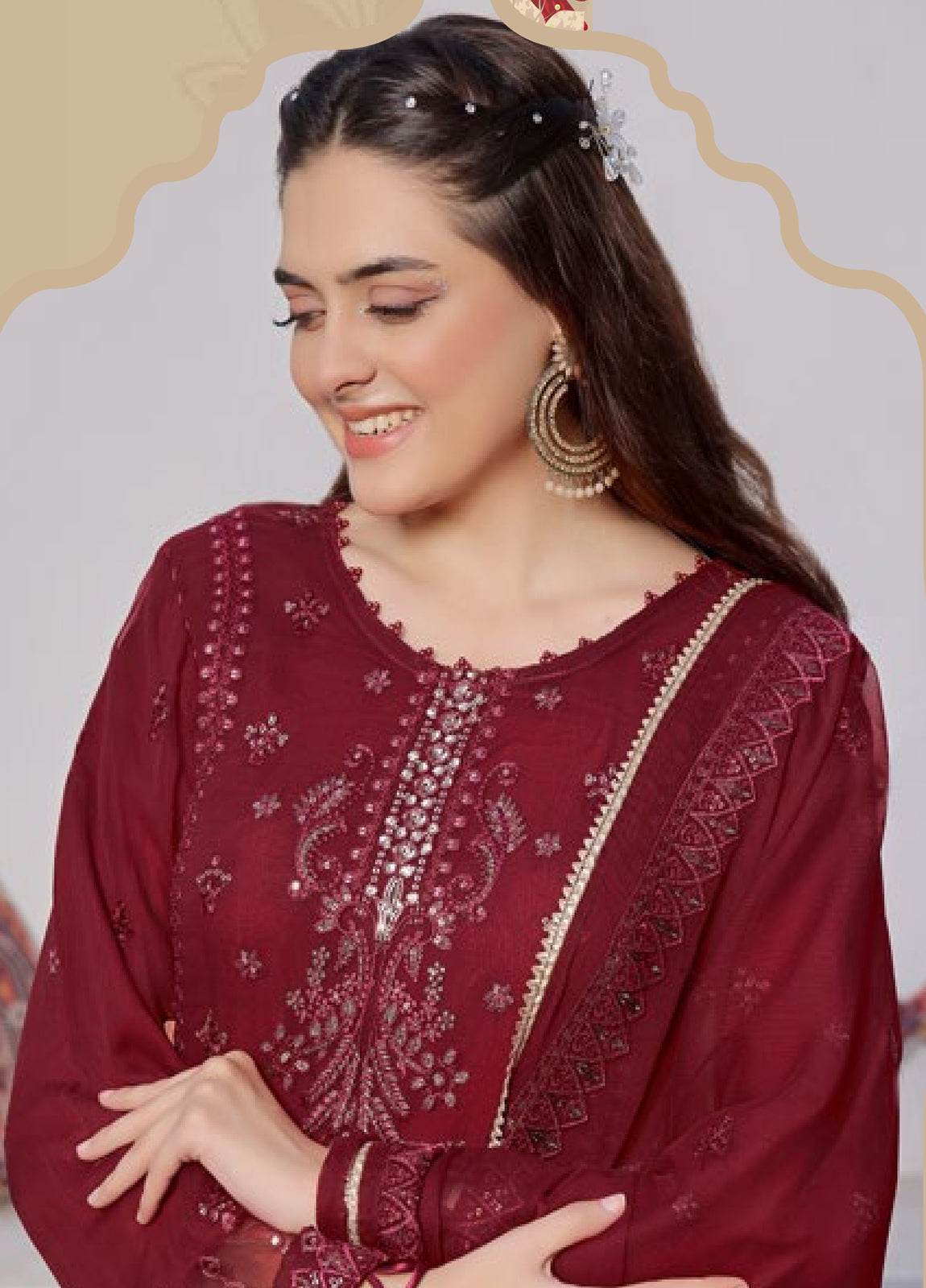 BIN KHALID Shehnai Formal Chiffon Embroidered Semi-Stitched 3pcs - Jotey