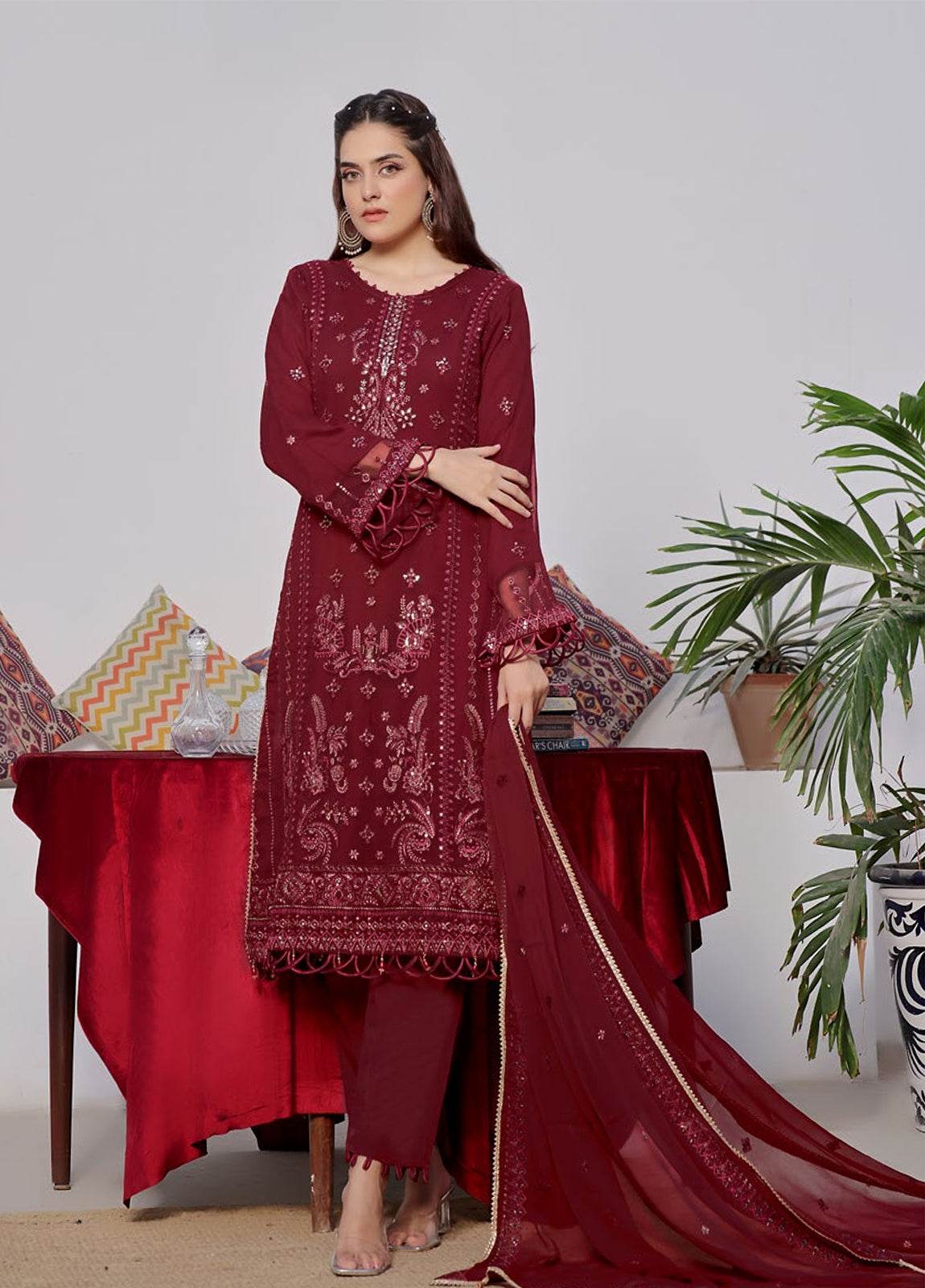 BIN KHALID Shehnai Formal Chiffon Embroidered Semi-Stitched 3pcs - Jotey