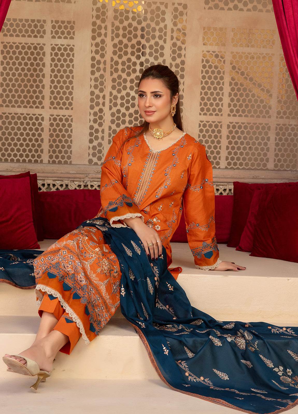 Anaya Hoor Saffron Embroidered Lawn Unstitched 3pcs - Jotey