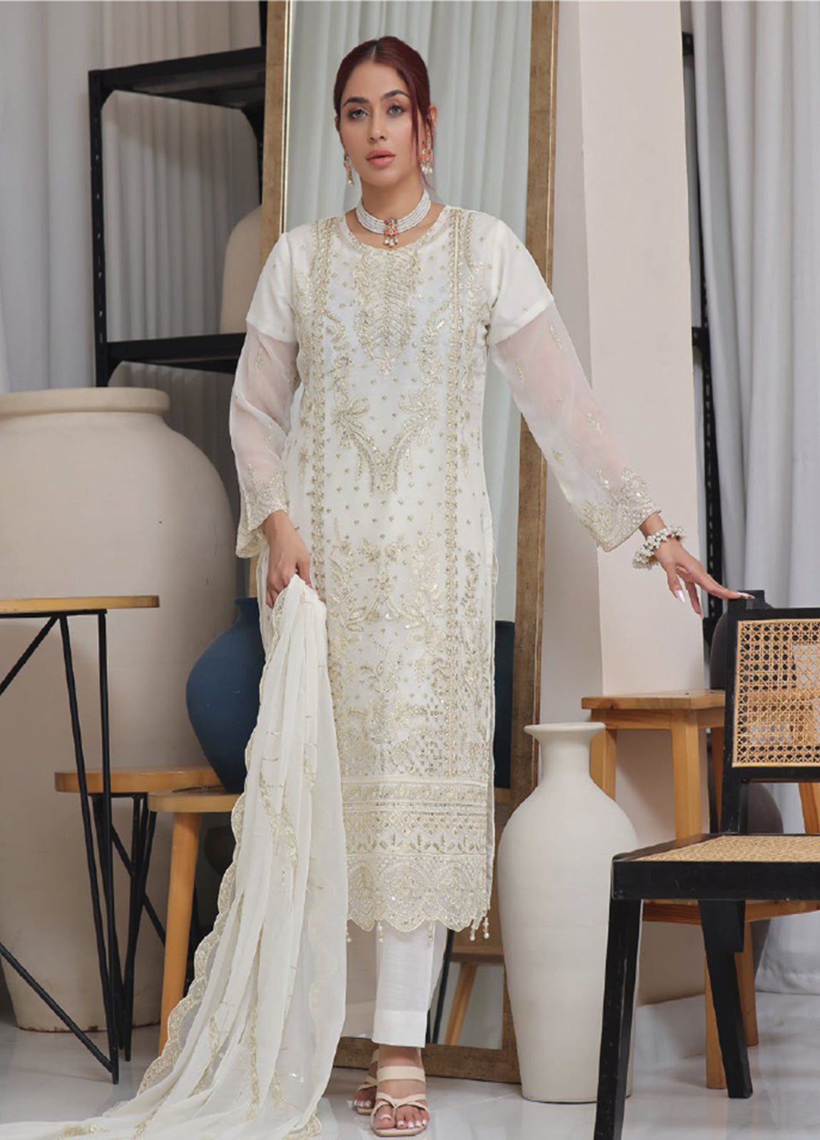 Nisha Embroidered Chiffon Semi-Stitched 3pcs