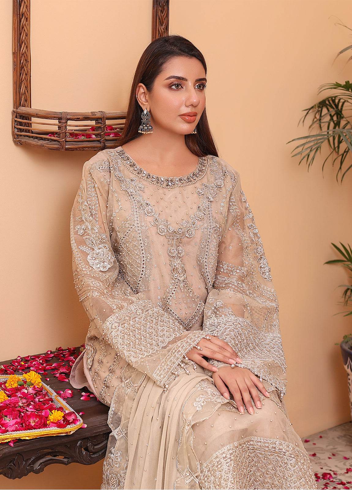 Raya By Hannan Fabrics Luxury Embroidered Chiffon Semi-Stitched 3pcs - Jotey
