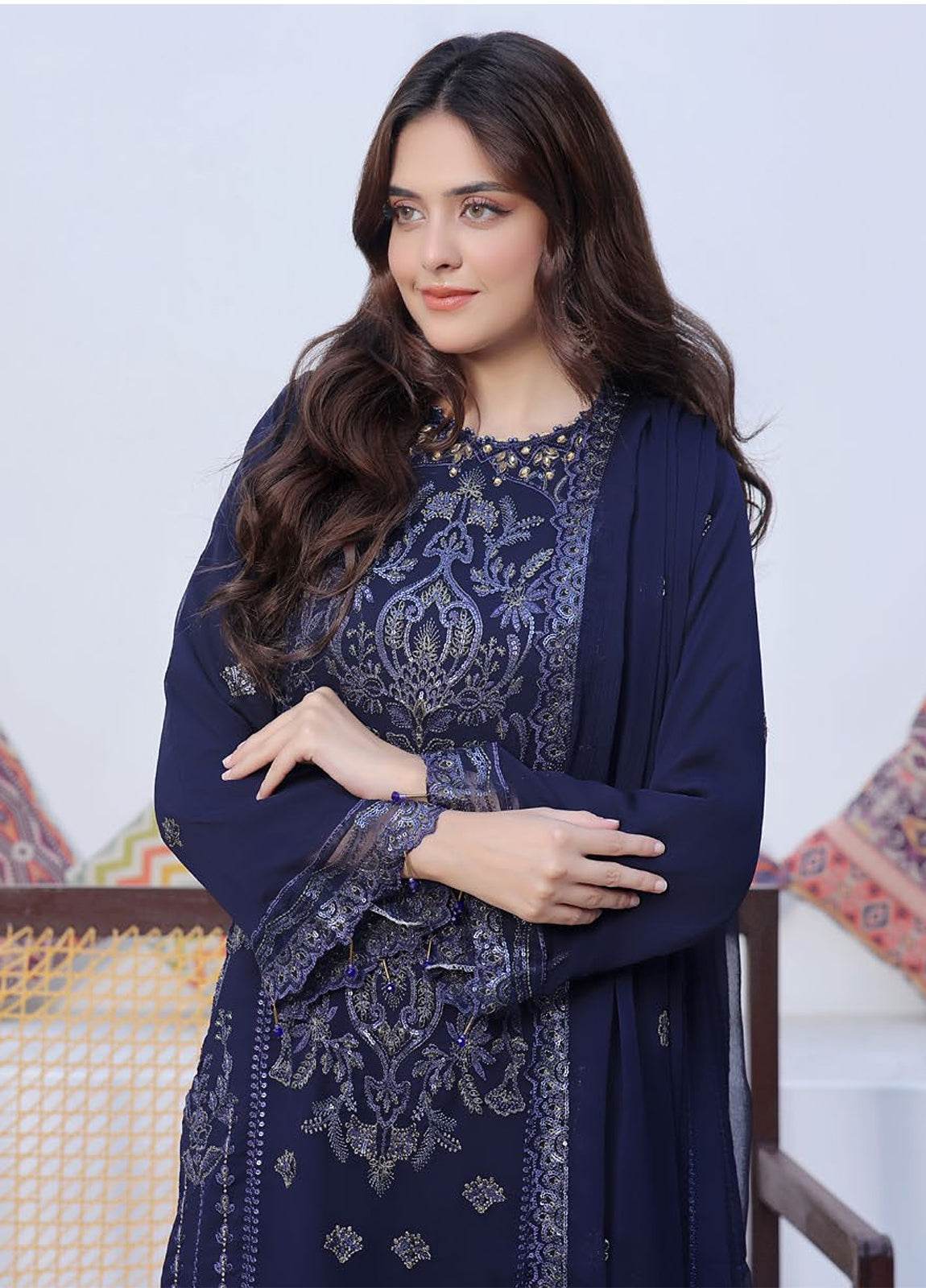 BIN KHALID Shehnai Formal Chiffon Embroidered Semi-Stitched 3pcs - Jotey
