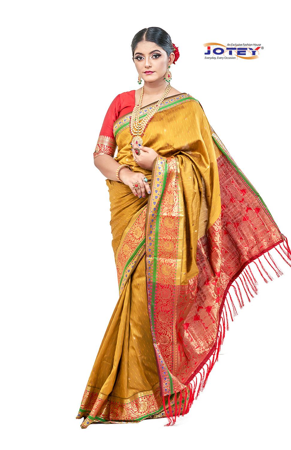 red pure katan silk saree with brocade blouse Design by Neha & Tarun at  Modvey | Modvey