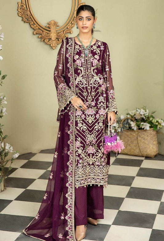 Ameerah Embroidered Mamberg Chiffon Semi-Stitched 3pcs - Jotey
