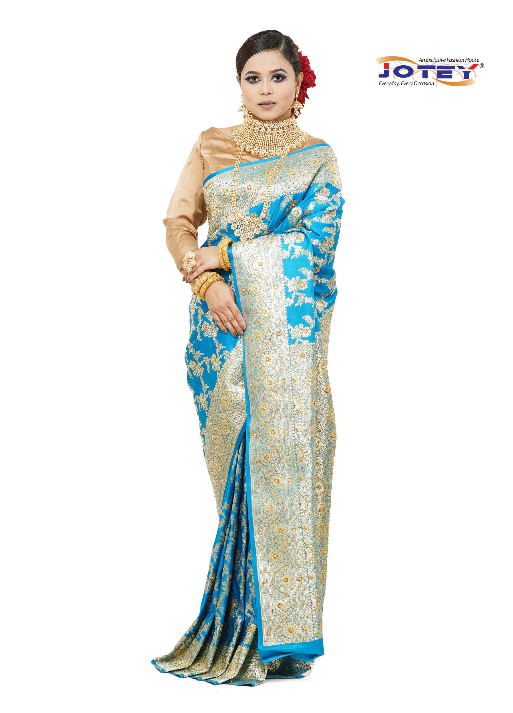 Floral Woven Pure Banarasi Silk Saree in Blue Jotey