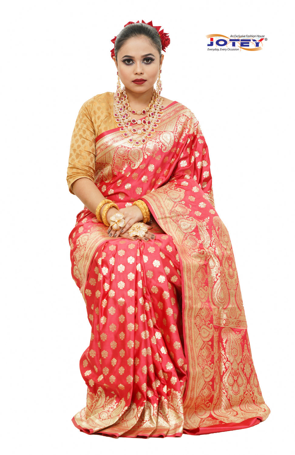 Floral Woven Pure Banarasi Silk Saree in Hot Pink Jotey
