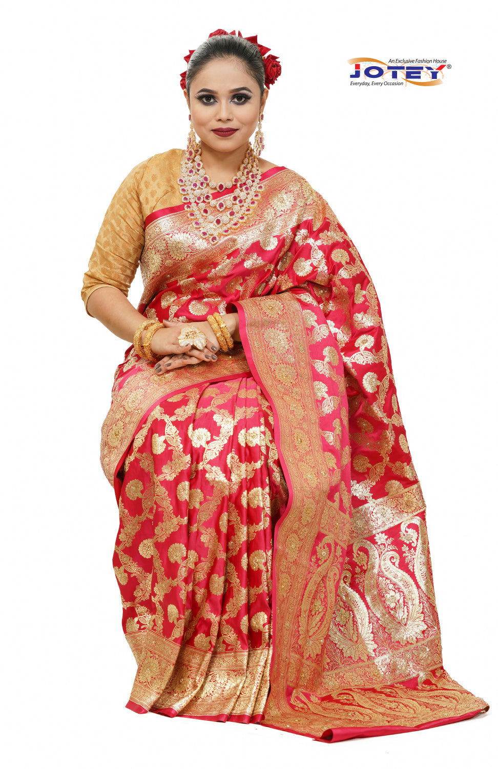 Floral Woven Pure Banarasi Silk Saree in Hot Pink - Jotey