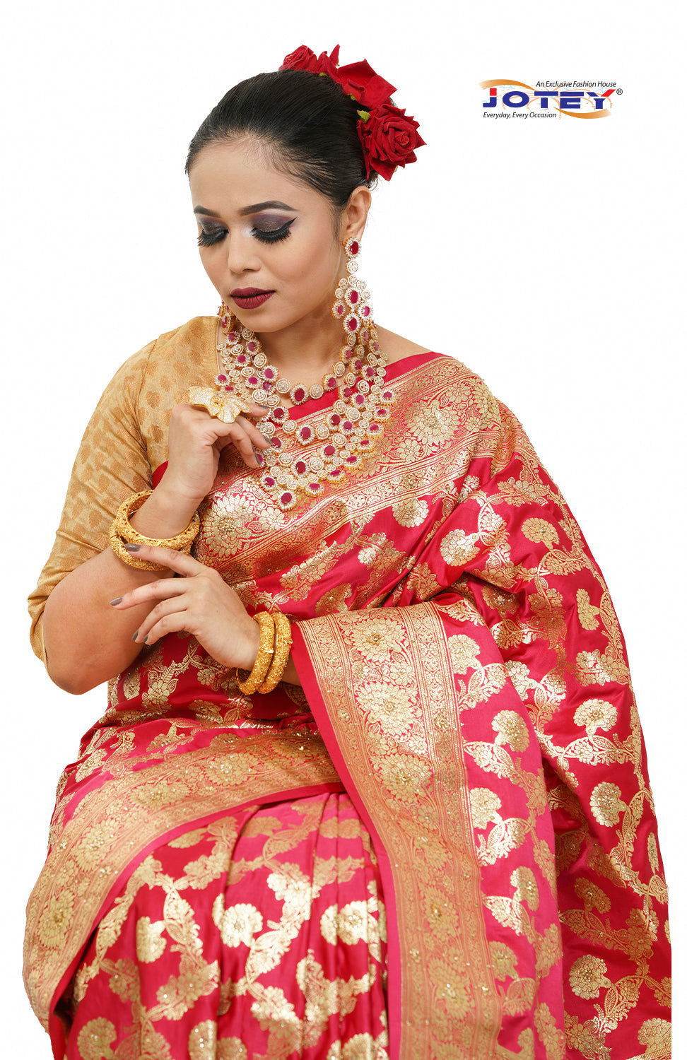 Floral Woven Pure Banarasi Silk Saree in Hot Pink - Jotey