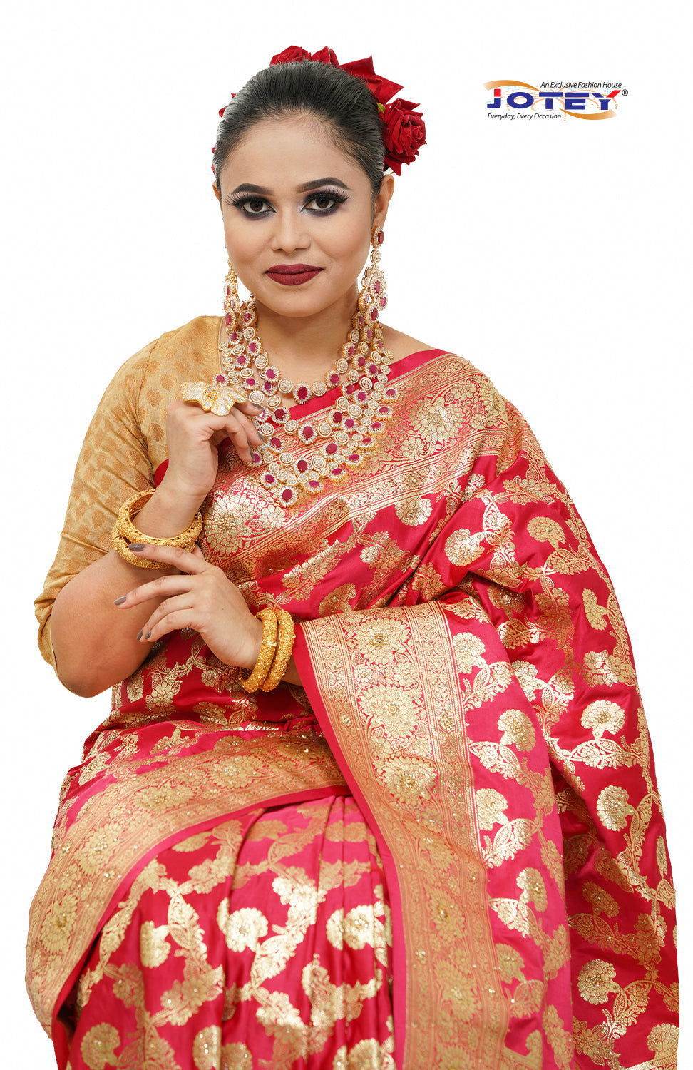 Floral Woven Pure Banarasi Silk Saree in Hot Pink - Jotey