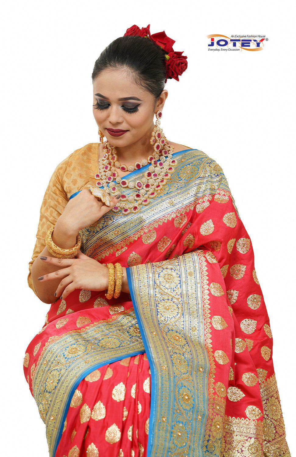 Floral Woven Pure Banarasi Silk Saree in Hot Pink - Jotey