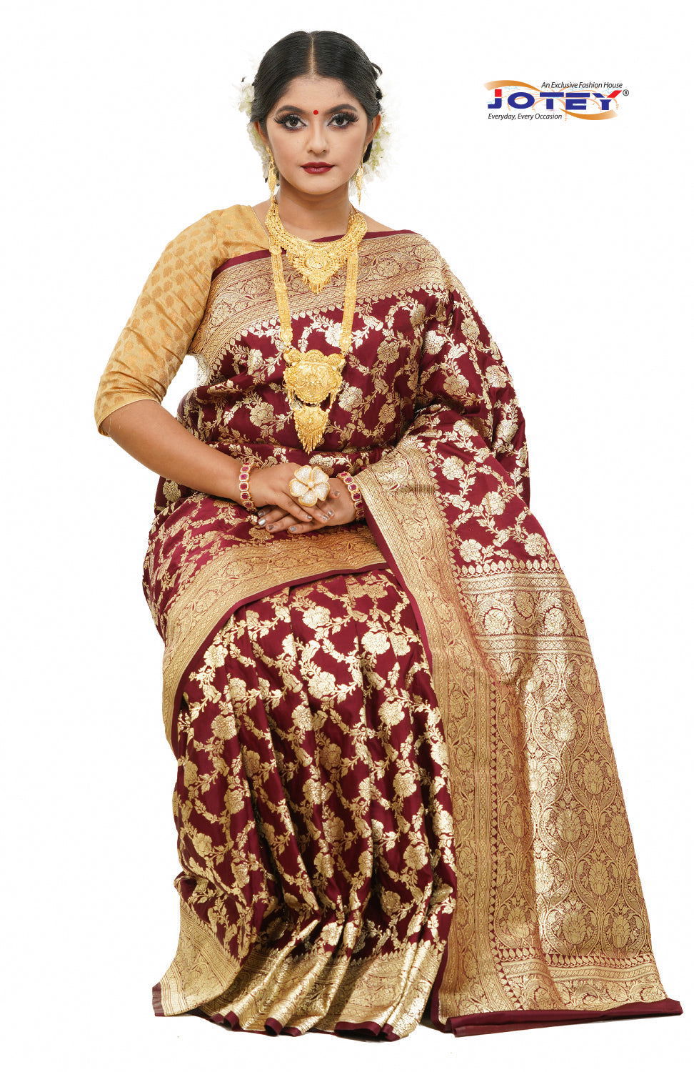 Floral Woven Pure Banarasi Silk Saree in Maroon - Jotey