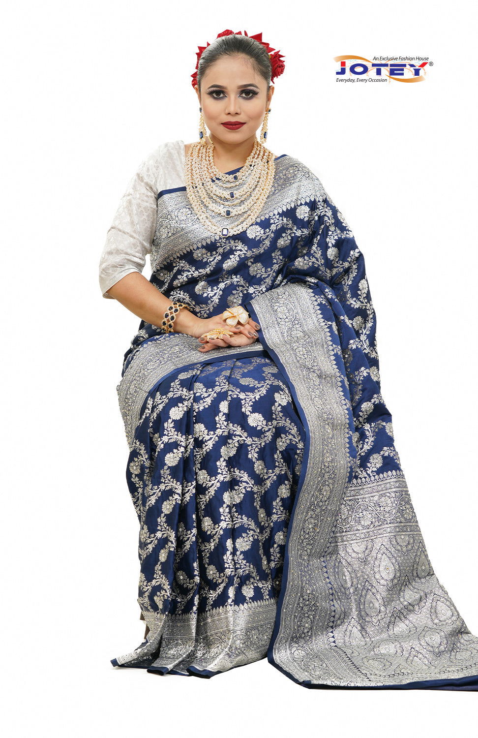Floral Woven Pure Banarasi Silk Saree in Royal Blue - Jotey