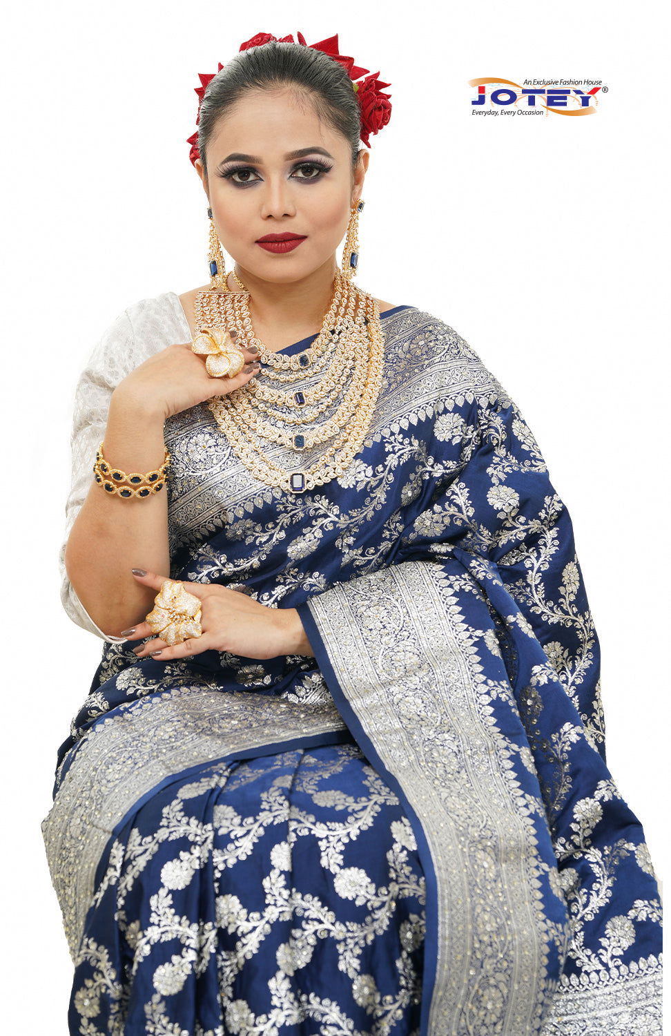 Floral Woven Pure Banarasi Silk Saree in Royal Blue - Jotey