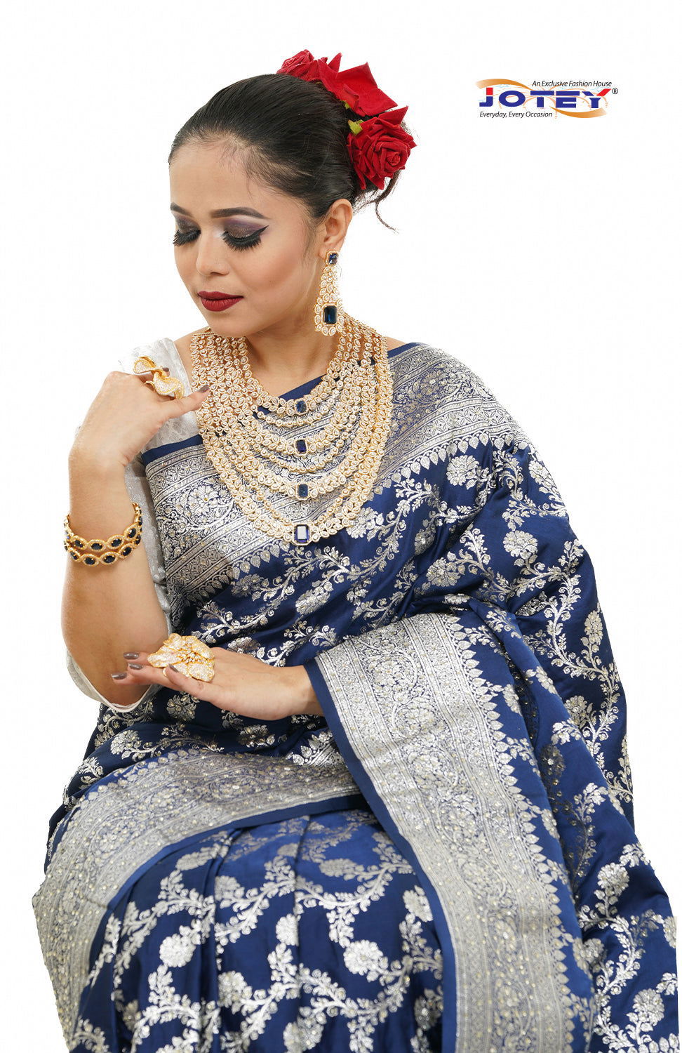 Floral Woven Pure Banarasi Silk Saree in Royal Blue - Jotey