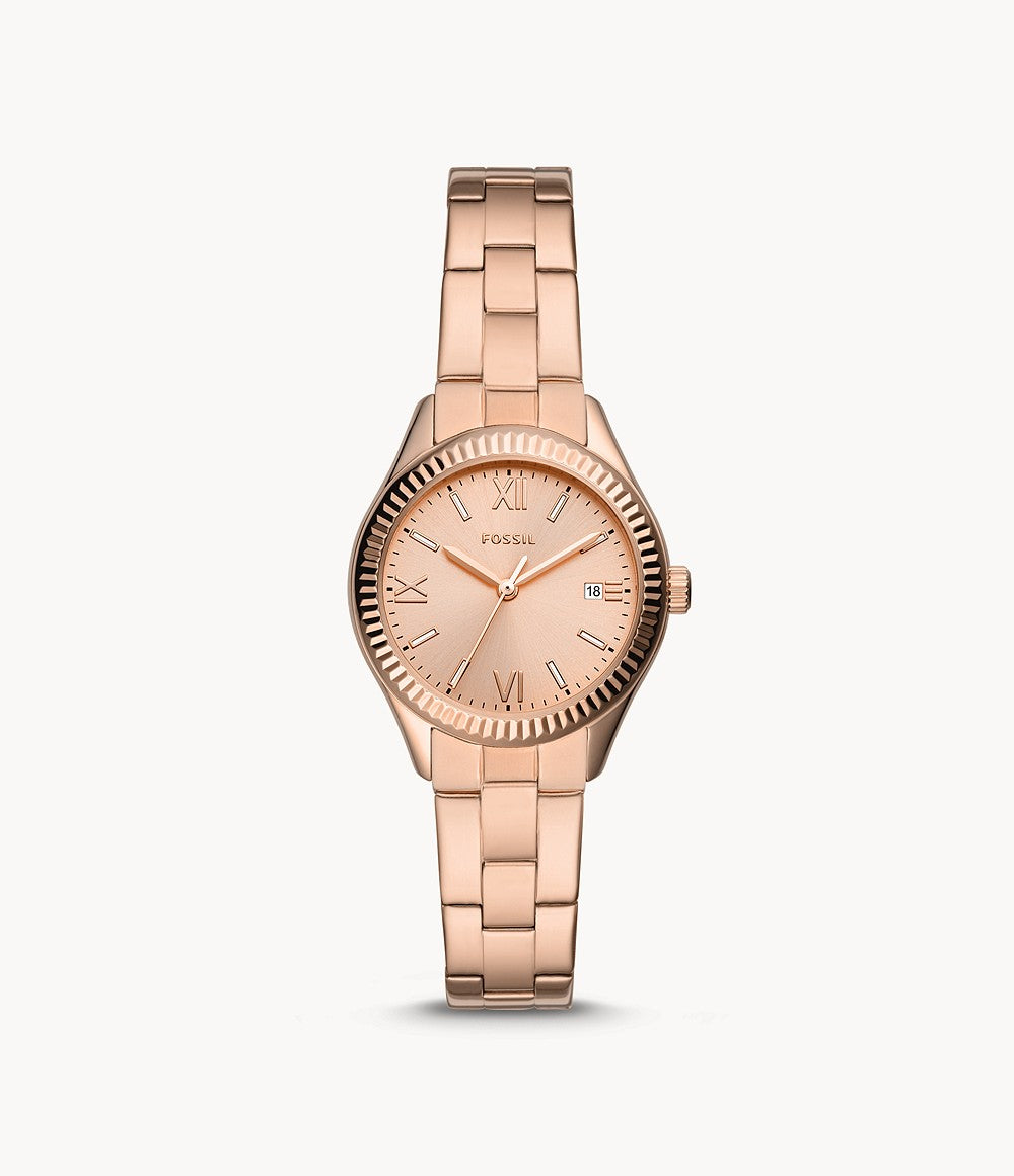 Fossil Rye Three-Hand Date Rose Gold-Tone Stainless Steel Watch Jotey