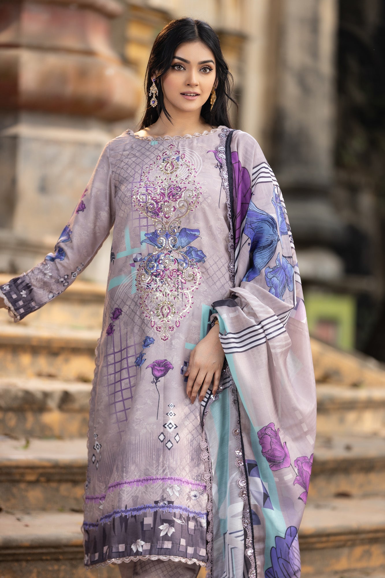 Fatiha Embroidered & Sequence Work Silk Unstitched 3pcs