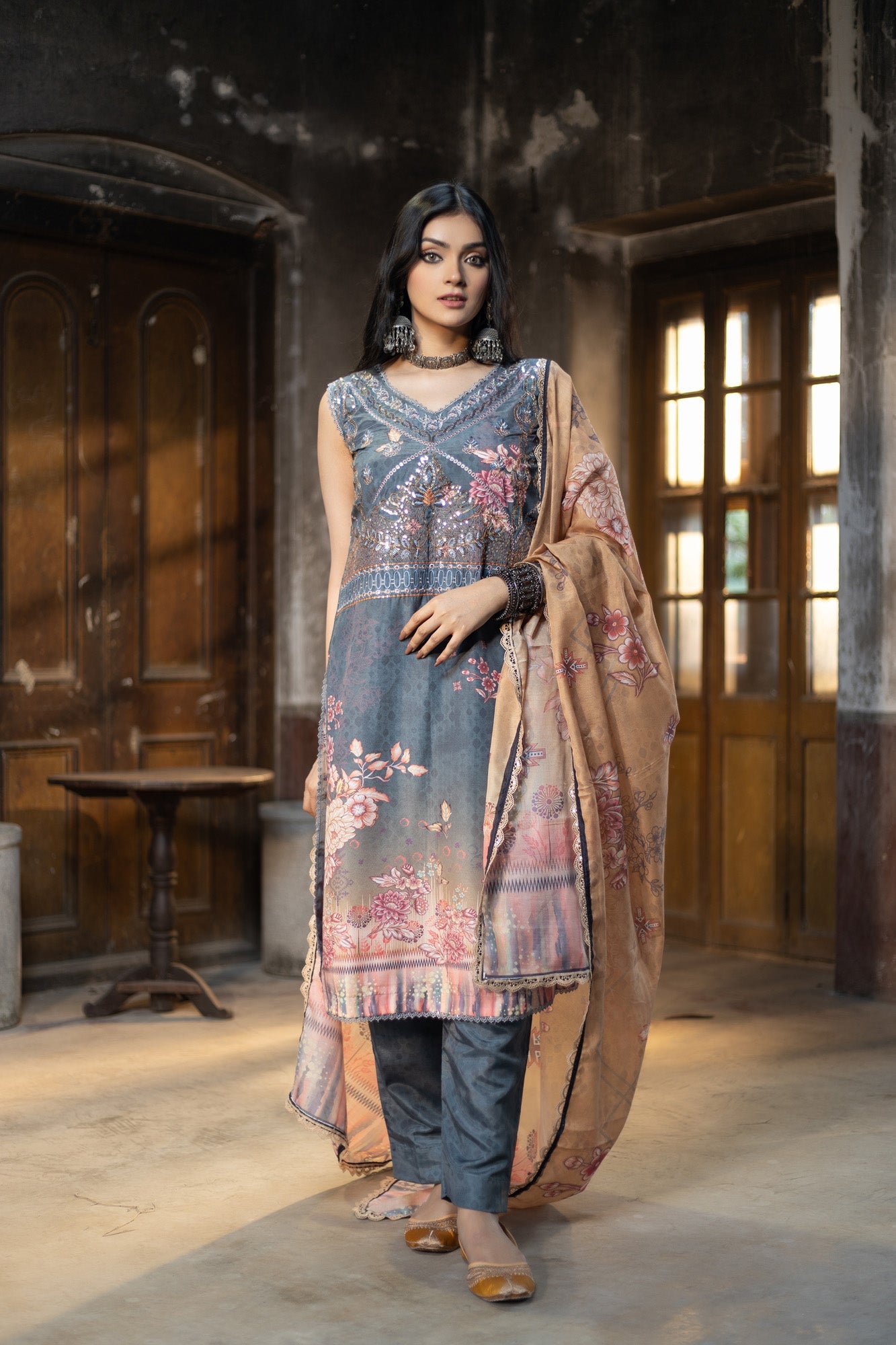 Fatiha Embroidered & Sequence Work Silk Unstitched 3pcs