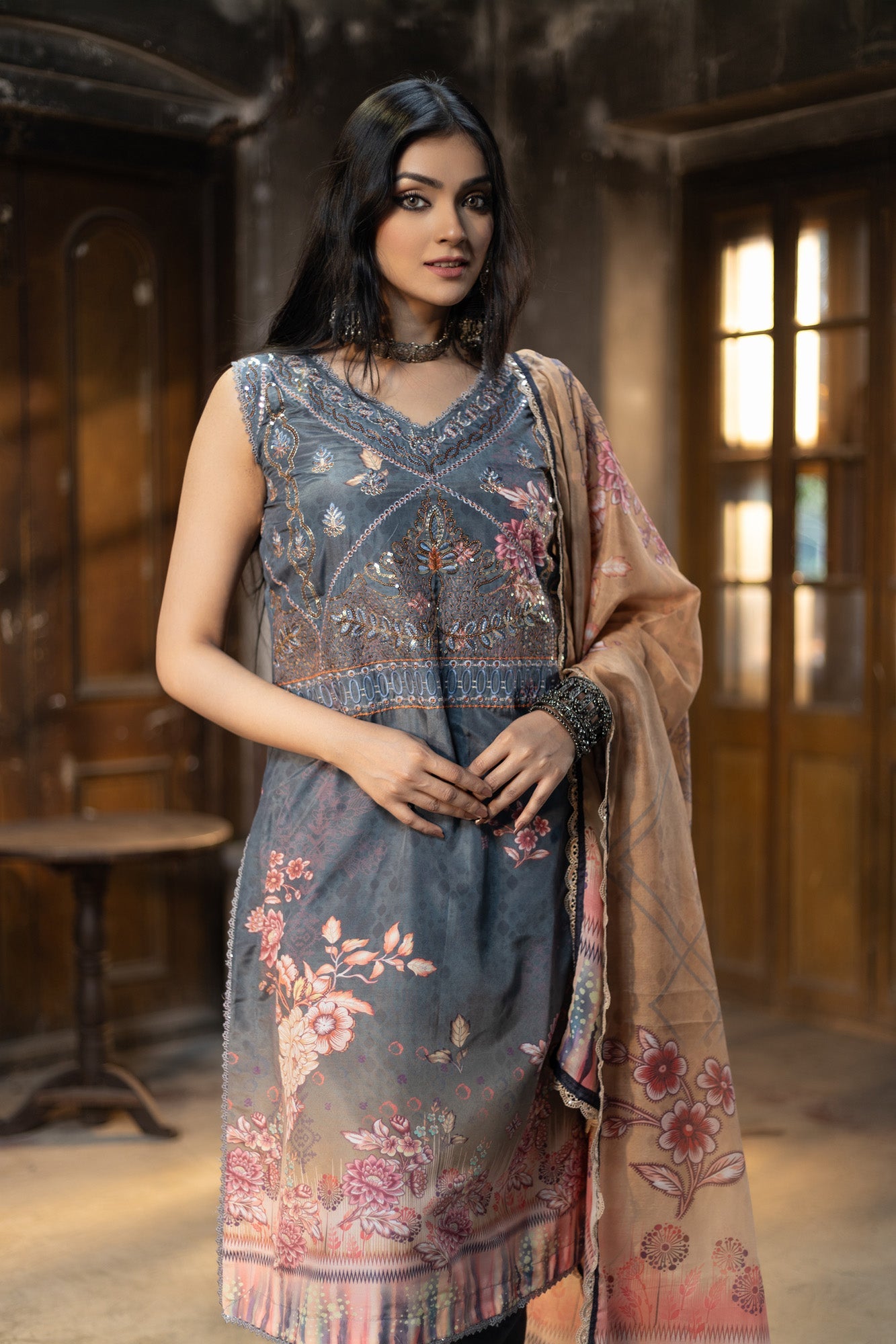 Fatiha Embroidered & Sequence Work Silk Unstitched 3pcs
