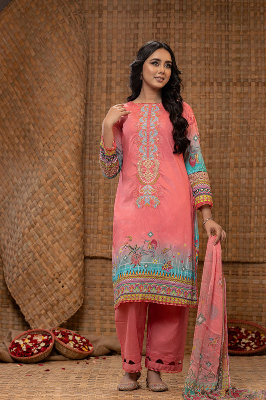Khoobsurat Digital Printed Heavy Embroidered Unstitched Lawn 3pcs