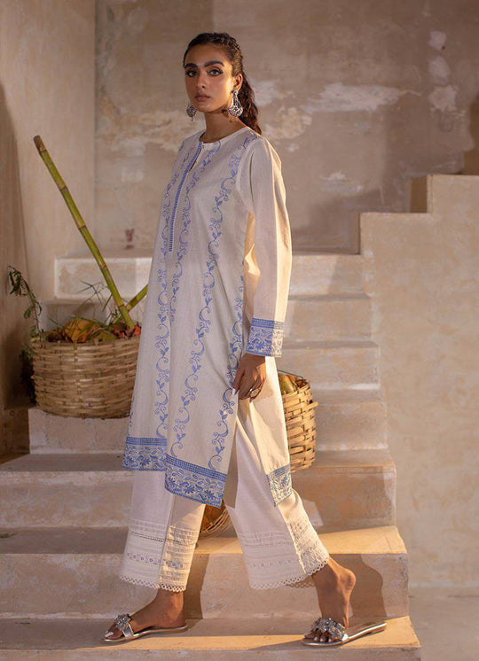 Image White & Blue Embroidered Stitched Kurti Jotey