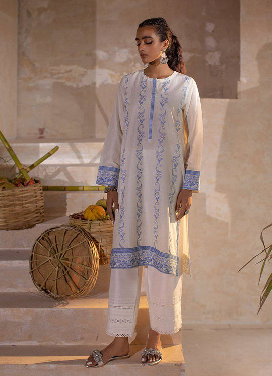 Image White & Blue Embroidered Stitched Kurti Jotey