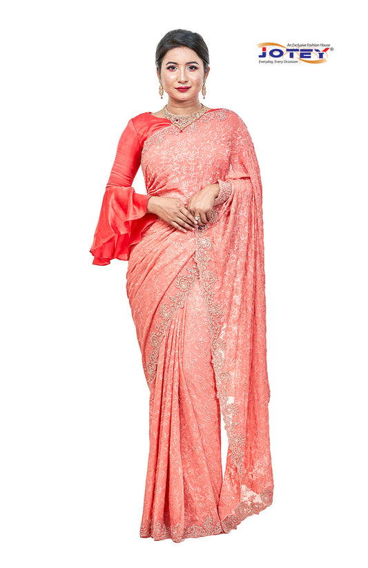 Lucknow Stone Work Chiffon Saree Jotey