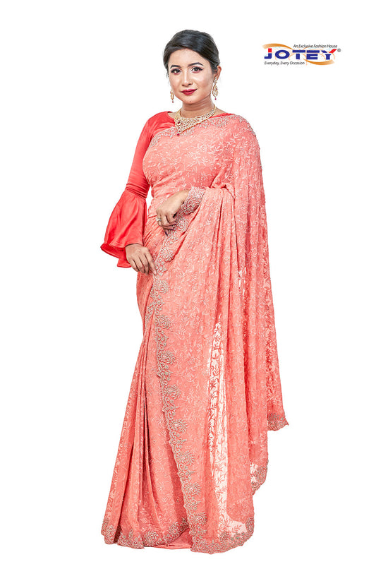 Lucknow Stone Work Chiffon Saree Jotey