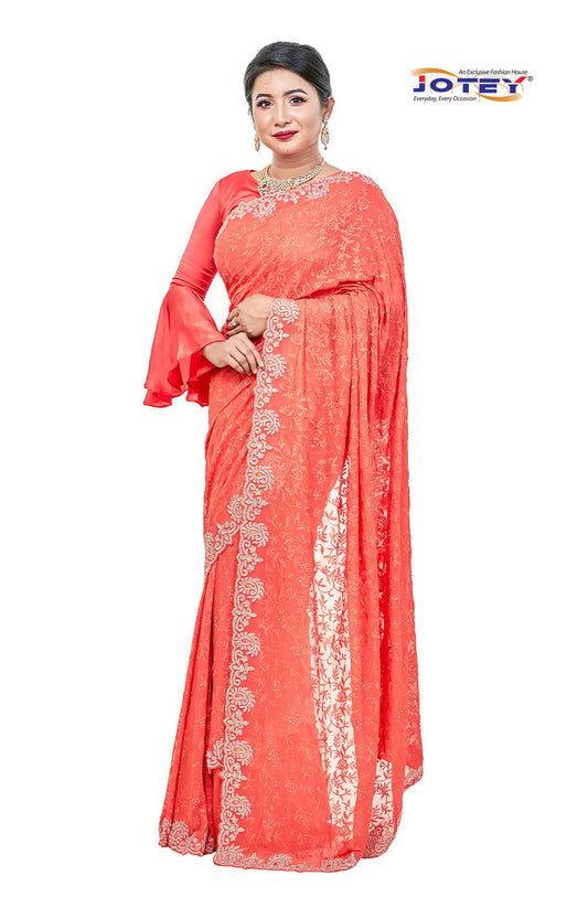 Lucknow Stone Work Chiffon Saree - Jotey