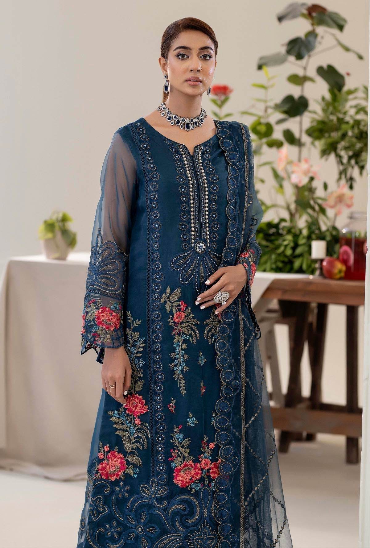 Raahi By ZA Clothes Embroidered Semi-Stitched Organza 3pcs - Jotey